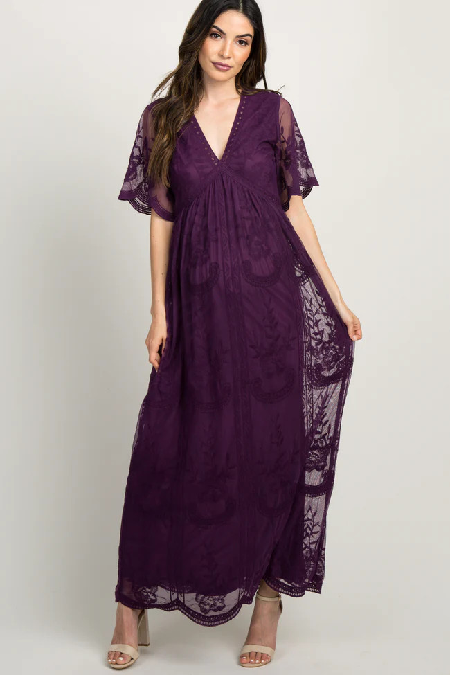 PinkBlush Plum Lace Mesh Overlay Maternity Maxi Dress | PinkBlush Maternity