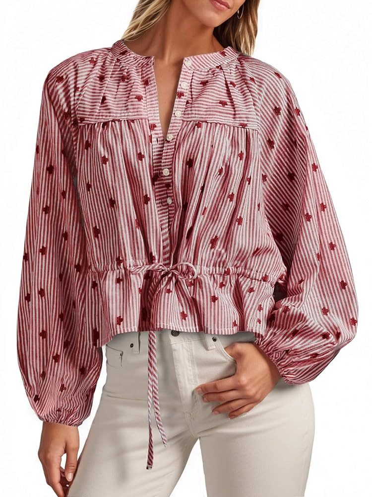 Tankaneo Womens Striped Cropped Button Down Shirts Puff Long Sleeve Peplum Tops Drawstring Waist ... | Amazon (US)