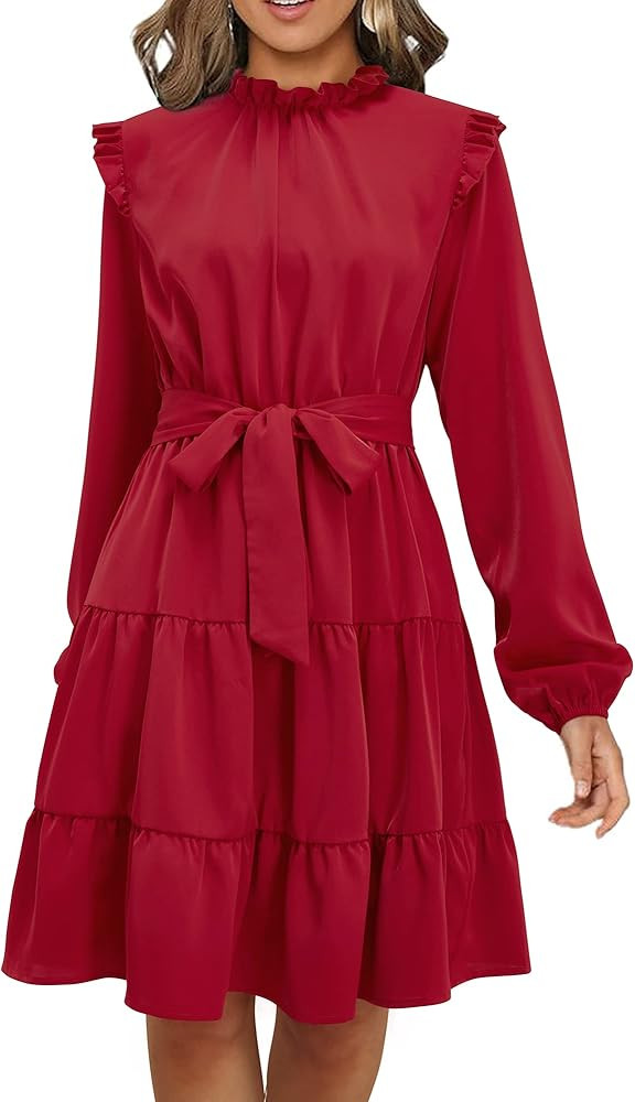 KILIG Women's 2022 Long Sleeve Wedding Guest Dress Bridal Shower Casual Mini Ruffle Mock Neck Dress | Amazon (US)
