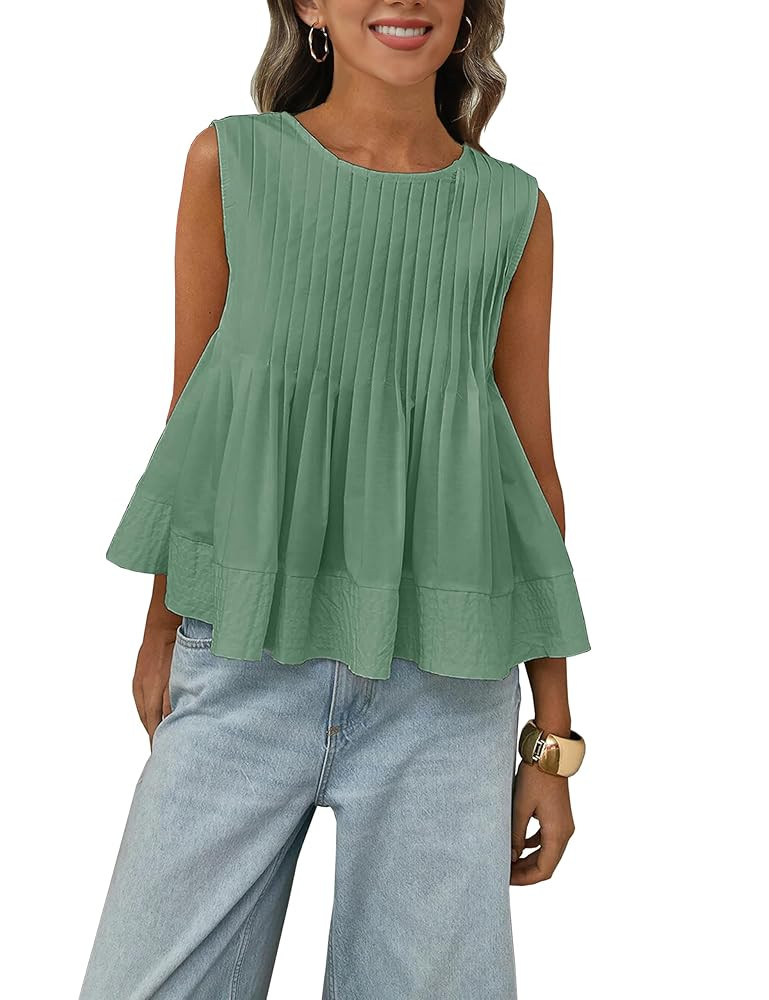 Womens Summer Pleated Peplum Sleeveless Blouse Tank Tops Round Neck Y2K Babydoll Blouse Shirt | Amazon (US)