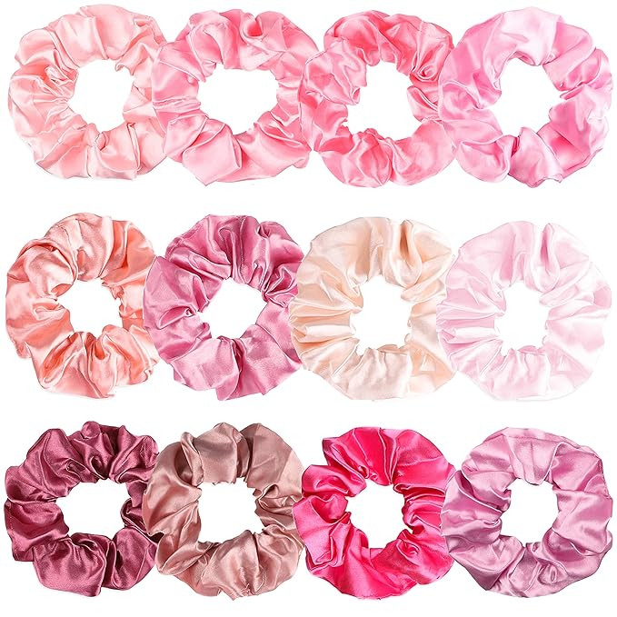 R HORSE 12 Packs Silk Satin Hair Scrunchies Solid Pink Color Elastic Ties Ponytail Holders Hair B... | Amazon (US)
