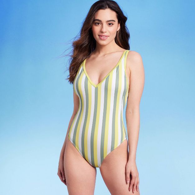 Women's V-Neck Over the Shoulder High Leg One Piece Swimsuit - Kona Sol™ Yellow | Target