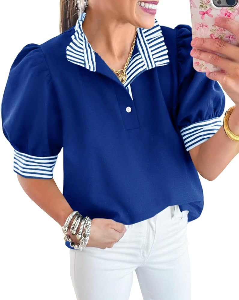 Cicy Bell Womens Summer Puff Sleeve Blouses Casual Dressy Ruffle V Neck Tops Color Block Striped ... | Amazon (US)