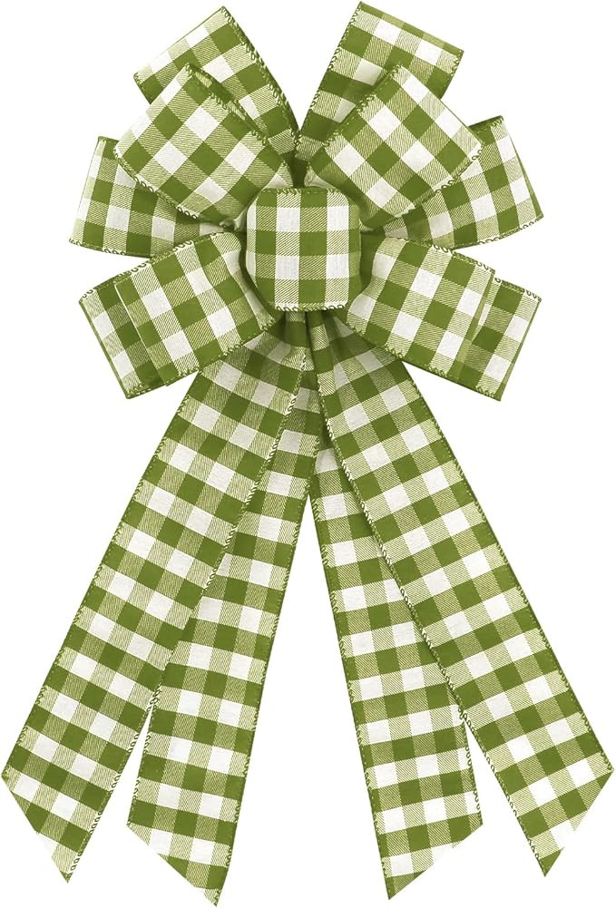 Large Green White Buffalo Plaid Wreath Bows, Farmhouse Burlap Bow for Wreath Rustic Crafts Decora... | Amazon (US)