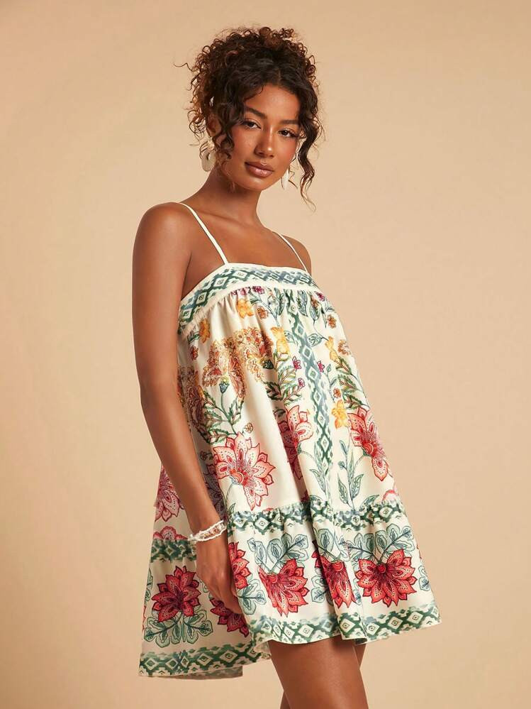 Travachic Floral Print Summer Casual Vacation Spaghetti Strap Dress, Vacation Style, Vacation Outfits Woman, Beach Vacation Outfits, Summer Outfits For Women, Summer Dresses For Women, Dresses For Women, Suitable For Holiday , Afternoon Tea, Wedding Season, Beach Cruise Vacation, City Road Trip Vacation, Boho Vacation, Music Festival , Beachwear, Easter, Beach Outfits For Woman,, Elegrant Clothes For Women, Vacation Outfits Women, Concert Outfit Women, Tropical Vacation Woman Clothes, Holiday Outfits, Bohemian Clothes,For Spring Sunmmer And Autumn | SHEIN