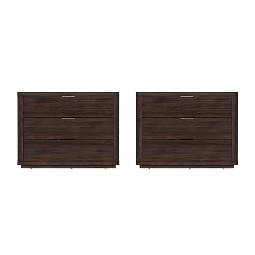 Manhattan Comfort Evelyn Modern Nightstand with Drawers, Minimalist Wood Bedside Table with Rounded Edges & Raised Mop Base, Versatile & Multifunctional Accent Table, Set of 2, Brown | Amazon (US)