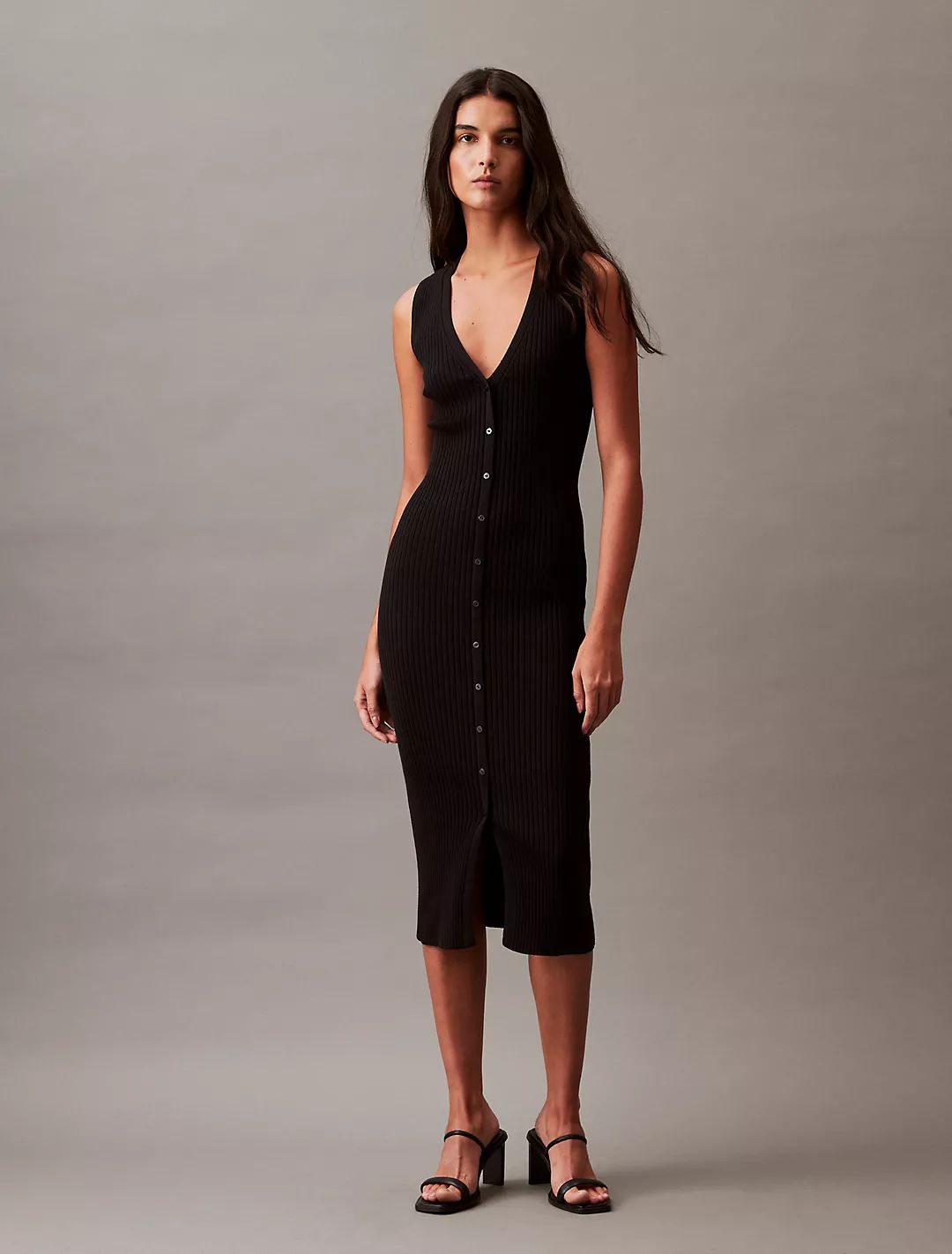 Smooth Cotton Rib V-Neck Sweater Midi Dress | Calvin Klein | Calvin Klein (US)