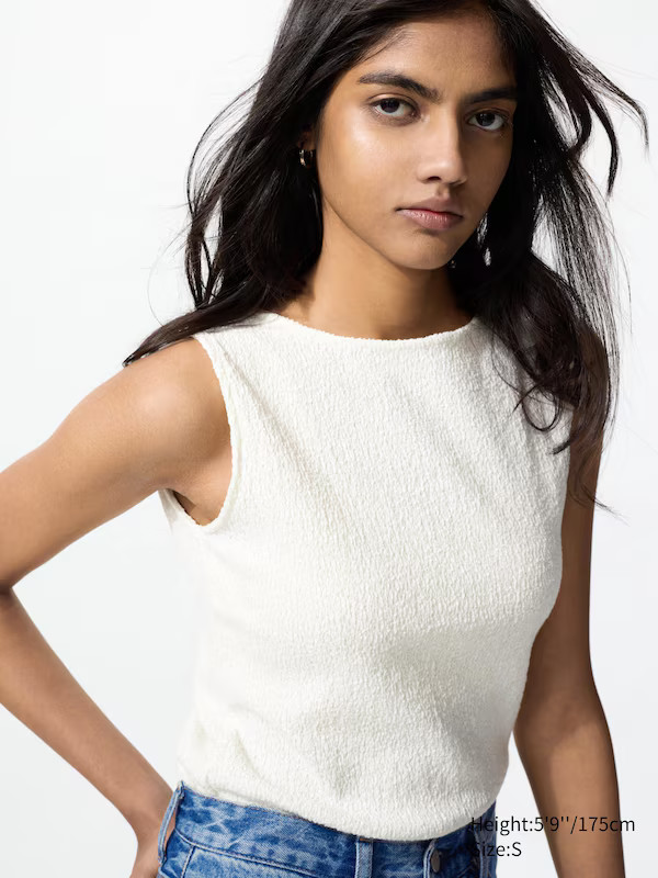 Shirring Boat Neck Sleeveless T-Shirt | UNIQLO (UK)