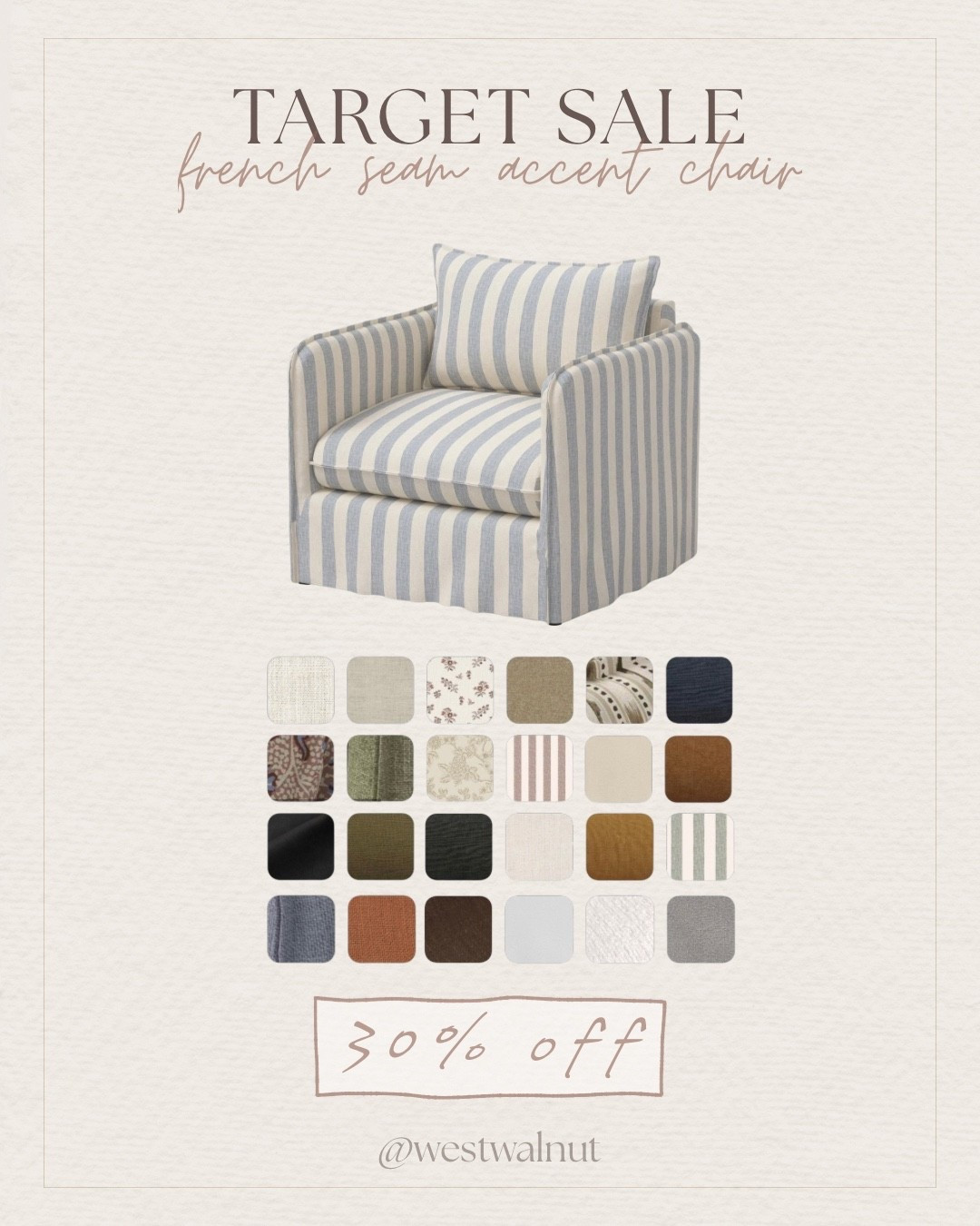 @Target  is having a sale right now on some of my favorite furniture pieces they have! I’ve linked tons of pieces for 30%!

This is the Berea Chair Malcolm Stripe Blue - Threshold™. It comes in 25 beautiful fabric finishes and a wood frame. I love the French seam detailing, it really gives the swivel that designer feel! 

#accentchair #affordablefurniture #moderndecor #modernhome #budgetfriendlydecor 

#LTKHome