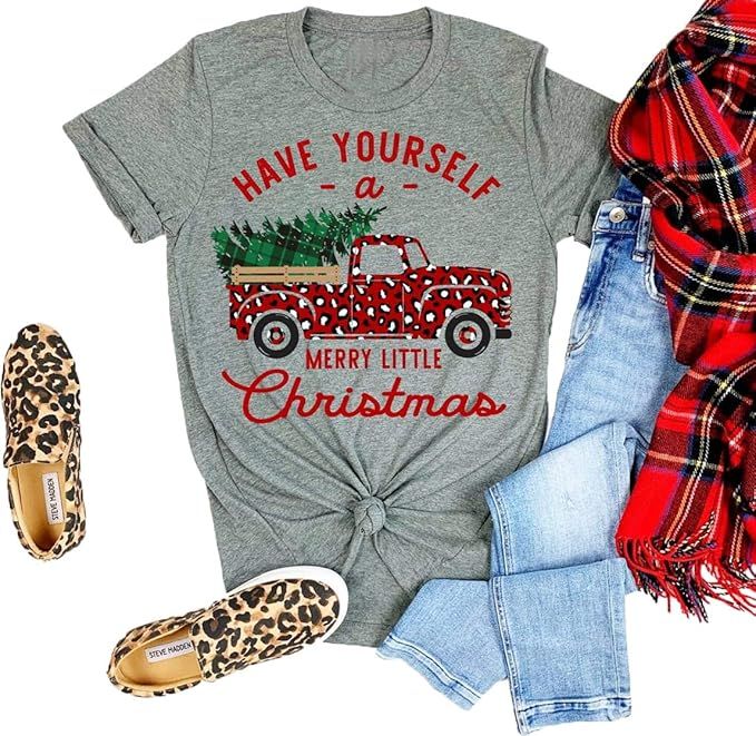 Womens Merry Christmas T Shirt Funny Leopard Truck Short Sleeve Casual Buffalo Plaid Tree Graphic... | Amazon (US)