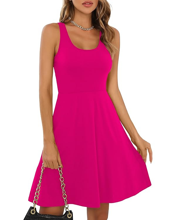 Missufe Women's Sleeveless Racerback Flared Casual Plain Tank Dress | Amazon (US)