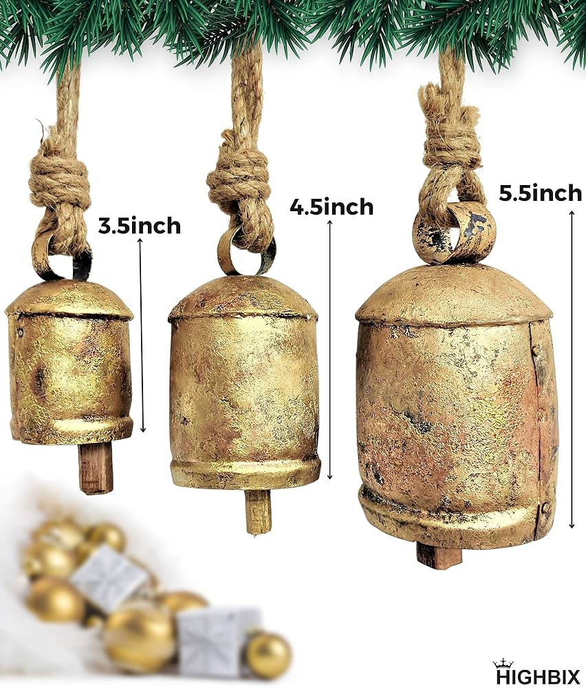 HIGHBIX Set of 3 Harmony Cow Bells Vintage Handmade Rustic Lucky Christmas Hanging Bells On Rope | Amazon (US)