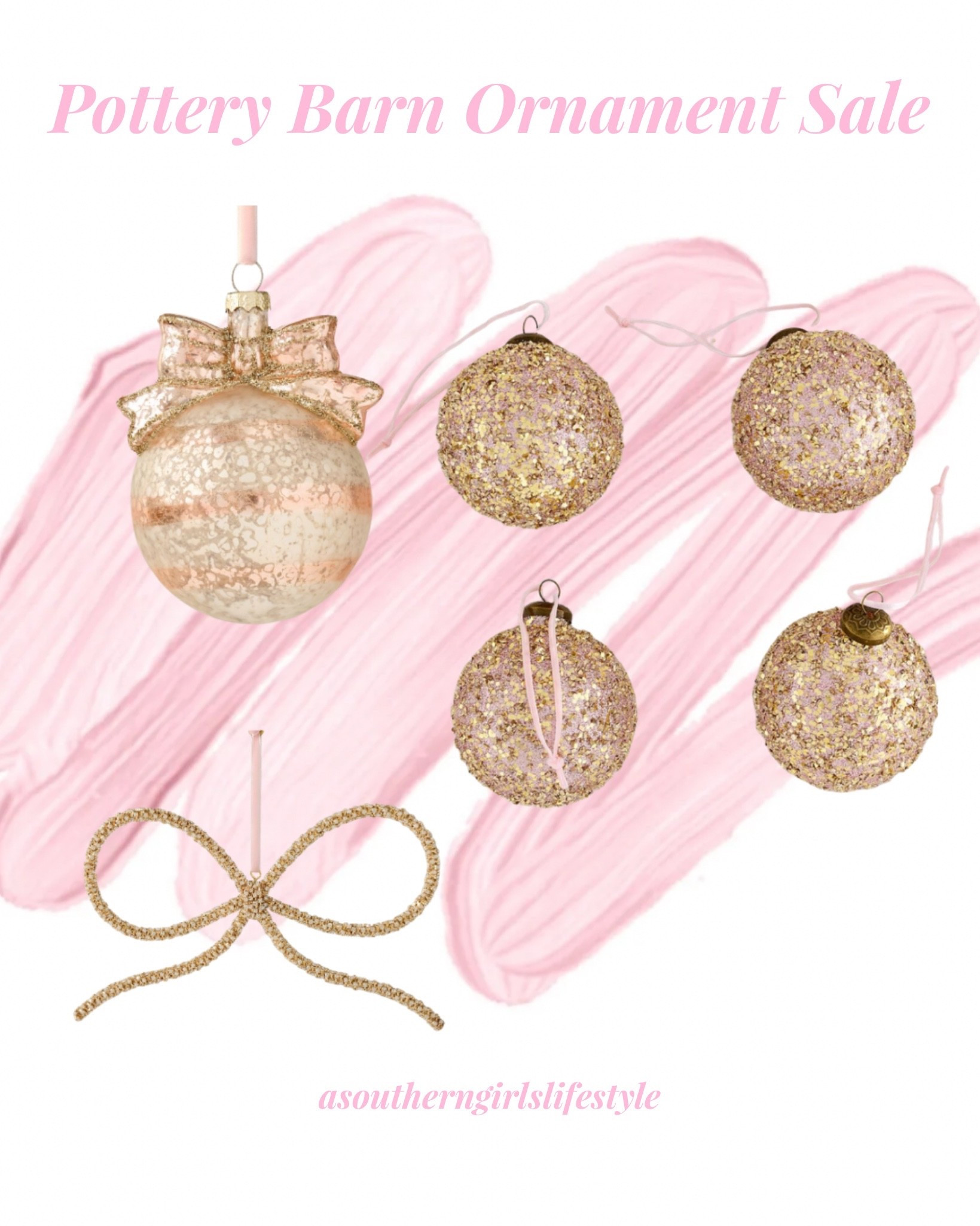 On Sale - Pottery Barn x LoveShackFancy Ornaments

Striped Bow Mercury Ornament, Large Gold Bow, Set of 4 Pink Gold Ornaments 

Pink Christmas. Christmas Decor. Christmas Home. Christmas Tree 

#LTKHoliday #LTKSaleAlert #LTKHome
