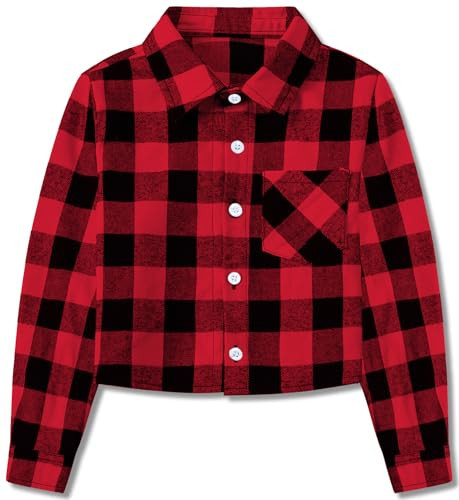 SANGTREE Girls Cropped Plaid Shirt Long Sleeve Button Down Red Crop Top Shirts Red Black Plaid, 4-5T = Tag 120 | Amazon (US)