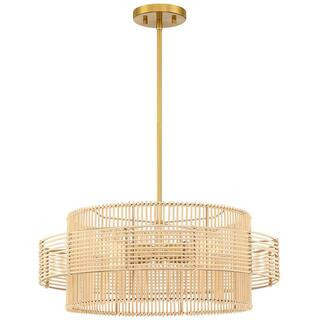 Saturn 22 in. 4-Light Brass Modern Bohemian Chandelier with Natural Rattan Shade | The Home Depot