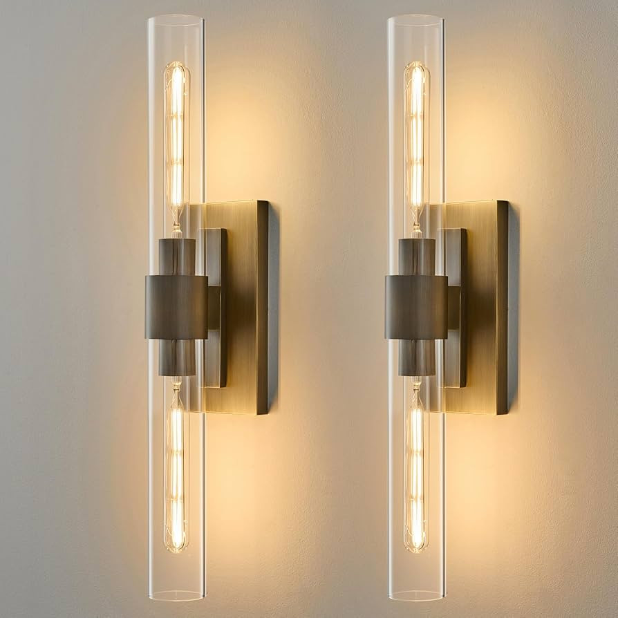 Linear Brass Bathroom Wall Sconce - Luxury Antique Brushed Gold Sconces Set of 2 - Dimmable Vanit... | Amazon (US)
