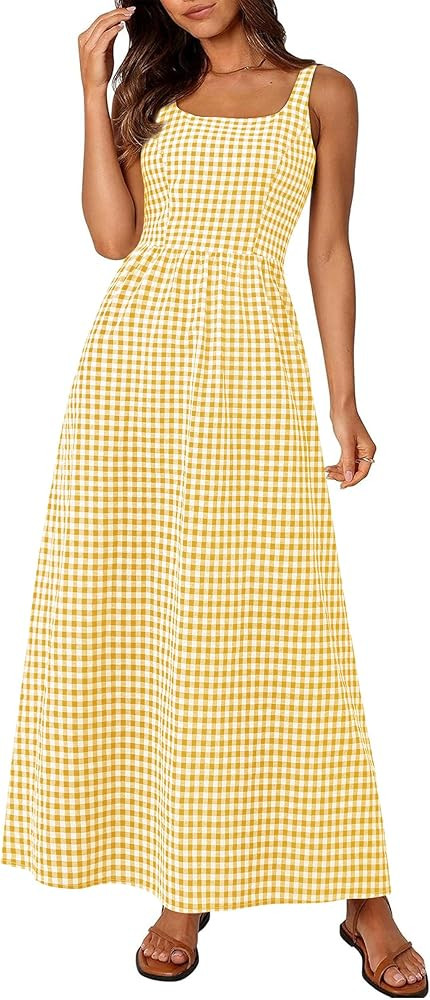 PRETTYGARDEN Women's 2026 Summer Spaghetti Strap Maxi Dresses Plaid Square Neck A Line Casual Bea... | Amazon (US)