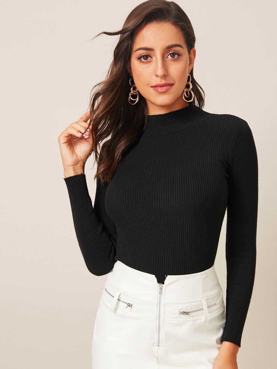 Solid Ribbed Fitted Basic Sweater | SHEIN