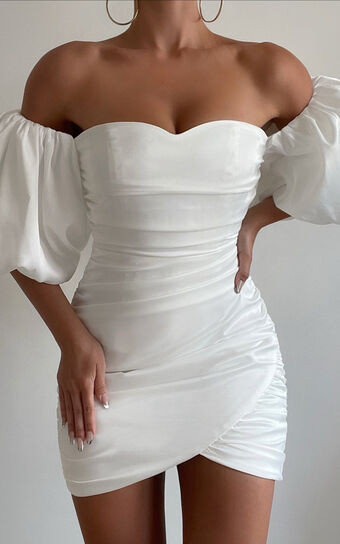 Betty Mini Dress - Off Shoulder Puff Sleeve Gathered Dress in White | Showpo (US, UK & Europe)