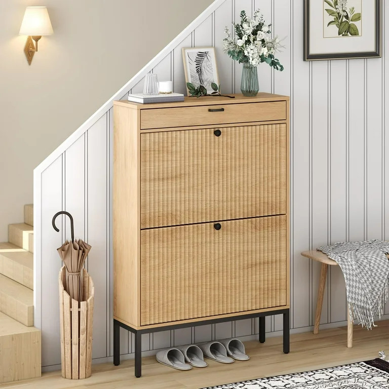 brafabhome Shoe Storage Cabinet, Slim Entryway Shoe Organizer with Fluted Panel Doors - Walmart.c... | Walmart (US)