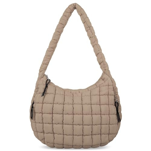 Puffer Tote Bag for Women, Large Quilted Tote Bag Puffy Crossbody Bag with Zipper, Nylon Quilted Carryall Bag Hobo Handbags Puff Purse Oversized Padding Shoulder Bag for Girl (Medium-Khaki) | Amazon (US)