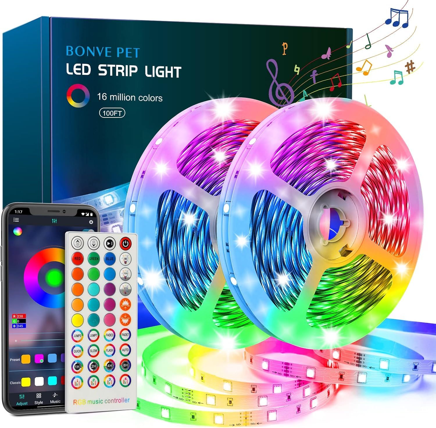 Amazon.com: Bonve Pet 100ft Led Lights for Bedroom,Music Sync Color Changing LED Lights with Remo... | Amazon (US)