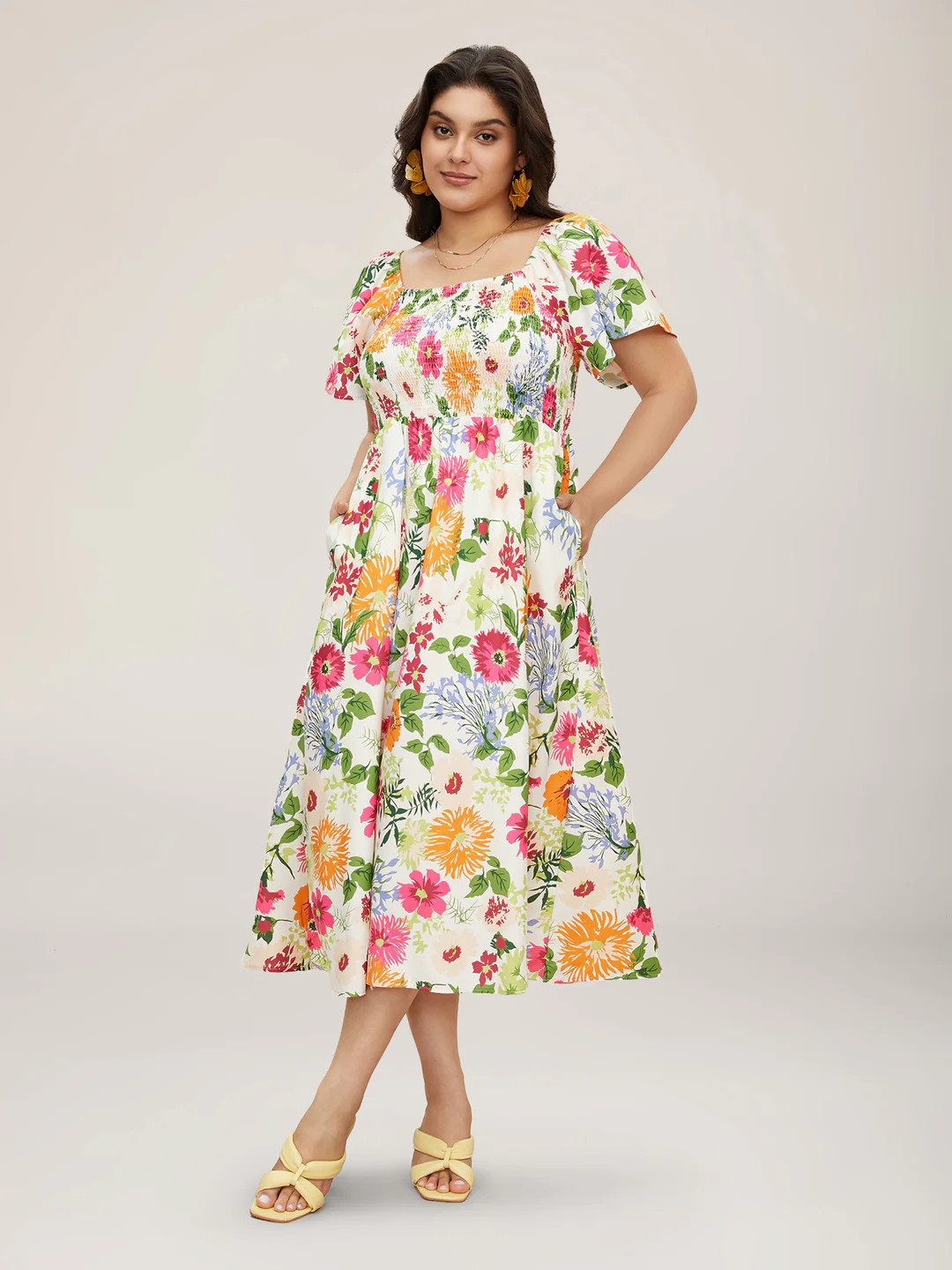 Floral Shirred Square Neck Pocket Midi Dress | Bloomchic