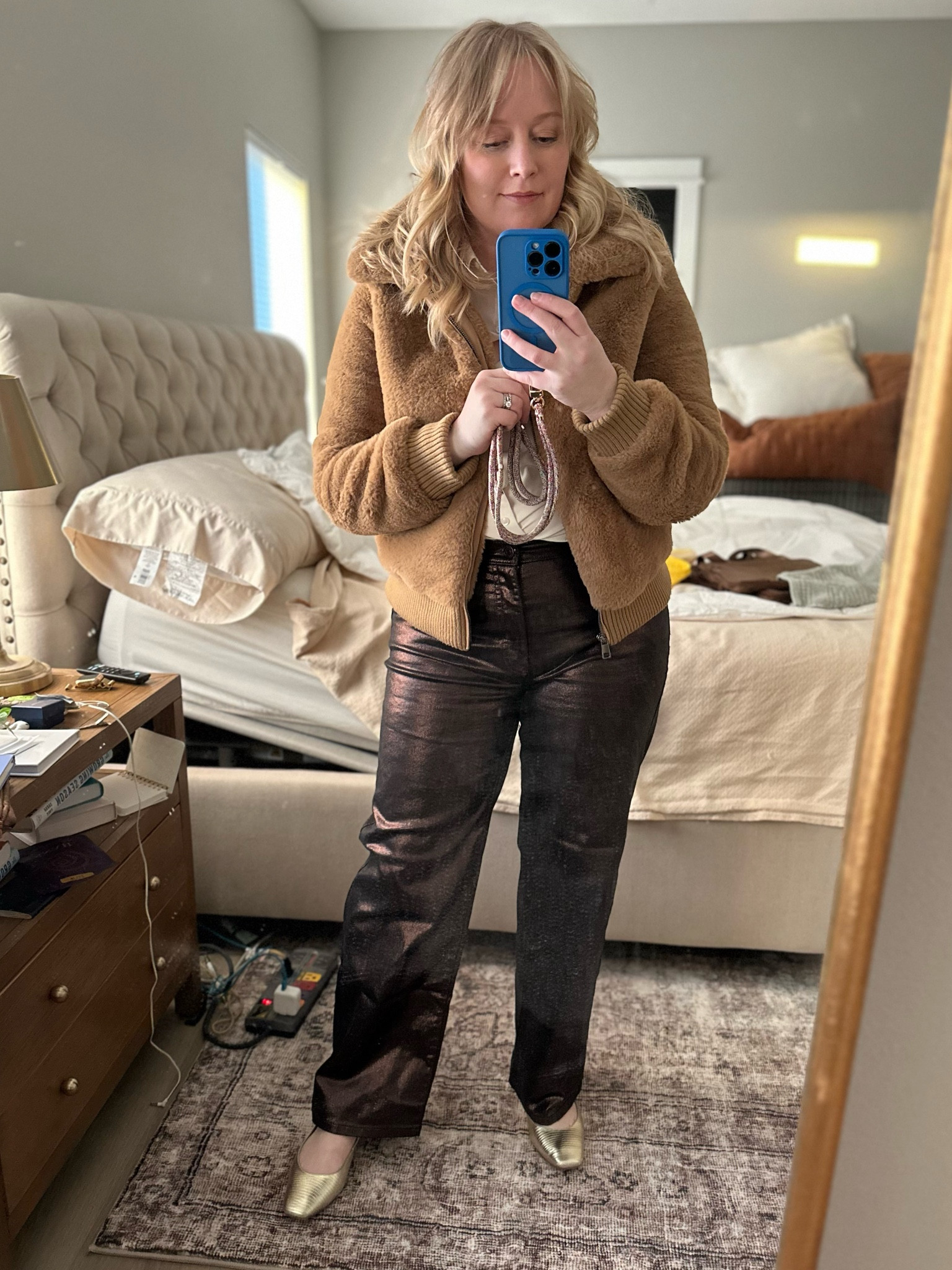 Faux fur and bronze pants for a fun holiday look. This jacket is old Banana Republic but I found a look alike. 