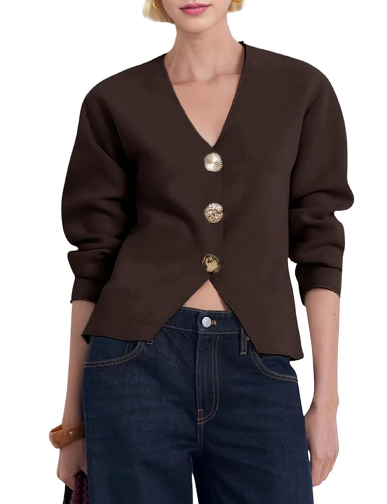 Daacee Cardigan Sweaters for Women V Neck Long Sleeve Gold Button Down Knit Cardigans Tops Outwea... | Amazon (US)
