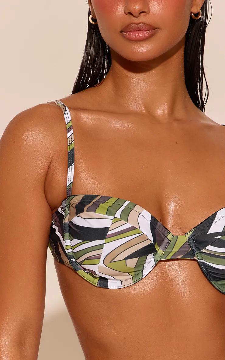 Dark Green Abstract Print Underwired Bikini Top | PrettyLittleThing US