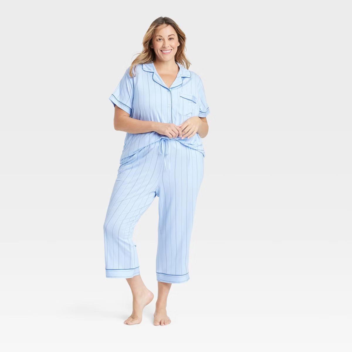 Women's Cloud Knit Short Sleeve Notch Collar Top and Cropped Pants Pajama Set - Auden™ Light Bl... | Target
