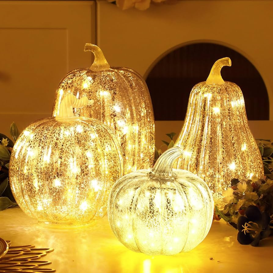Glooglitter 4 Pack Glass Pumpkin with Lights and Timer 4 Size Lighted Mercury Glass Pumpkins for ... | Amazon (US)
