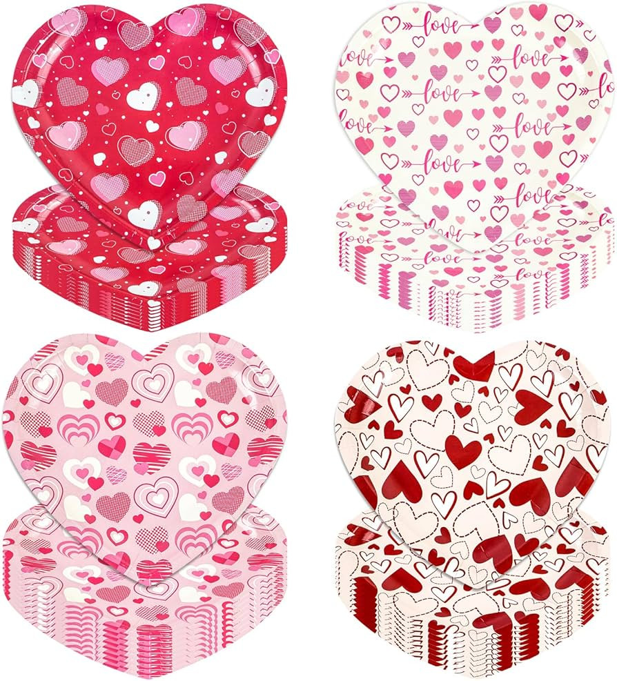 HiEnjoin 48Pcs Valentines Day Paper Plates - 7 Inch Disposable Heart Shaped Paper Plates, Dessert... | Amazon (US)