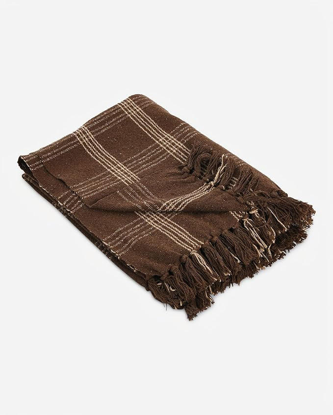 Creative Co-Op Recycled Cotton Blend Throw Blanket with Fringe, Brown Plaid | Amazon (US)