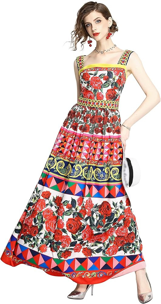 LAI MENG FIVE CATS Womens Square Neck Sleeveless Floral Print Casual A-line Beach Maxi Dress | Amazon (US)
