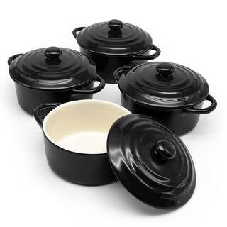 Mini Cocotte Casseroles Set, 4-Piece Oval Baking Dish Set Lids, Oven Microwave Safe, Handles Black | The Home Depot