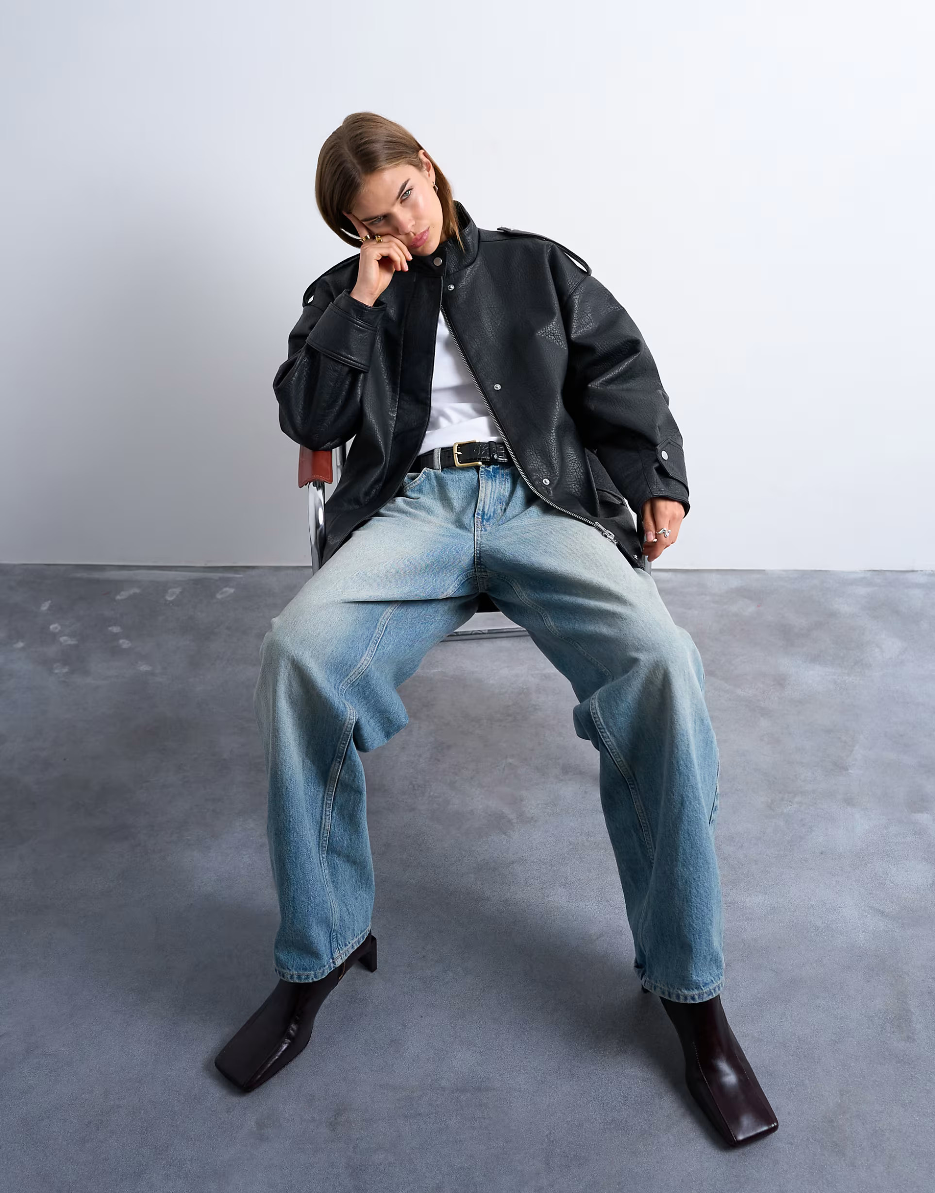 Topshop faux bubble leather short belted bomber jacket in black | ASOS (Global)