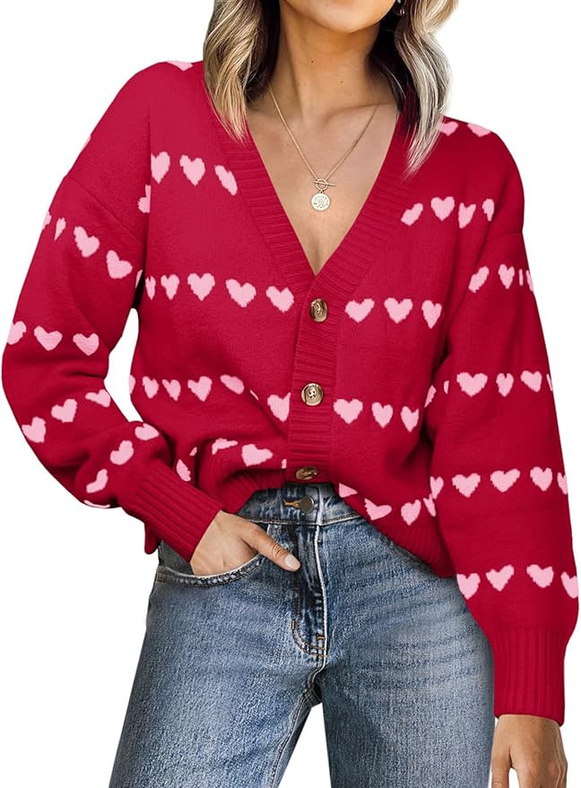 Saodimallsu Womens Heart Cardigan Sweaters Valentines V Neck Button Down Long Sleeve Knit Striped... | Amazon (US)