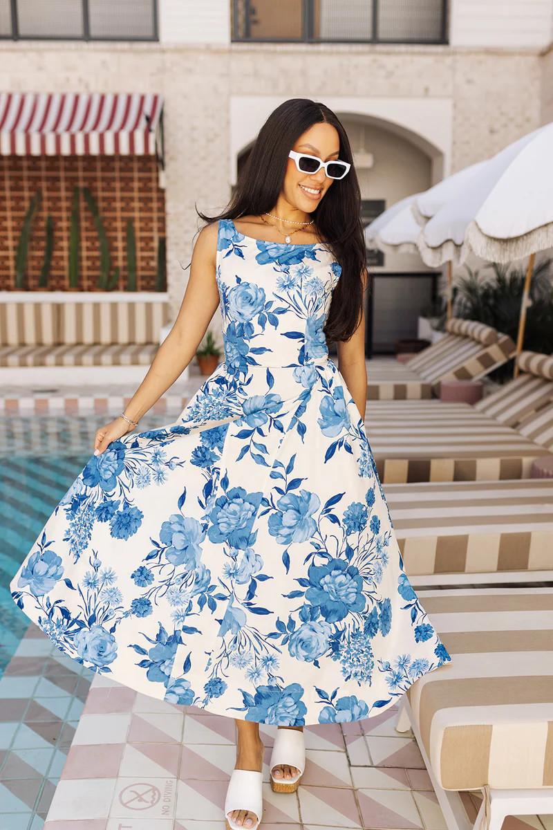 Chasing The Blues Midi Dress - Cream/Blue | The Impeccable Pig