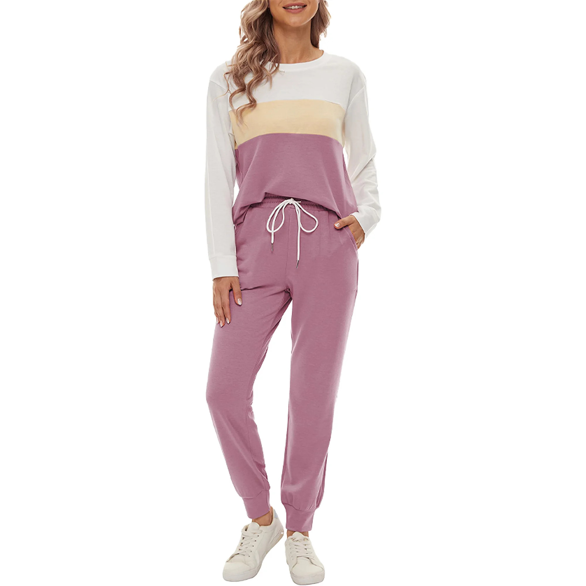 Fantaslook Womens Color Block Pajamas Crewneck Long Sleeve Lounge Sets Casual Outfits with Pocket... | Walmart (US)