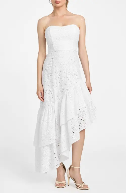 GUESS Joyce Embroidered Eyelet Cotton High-Low Dress in White at Nordstrom, Size 0 | Nordstrom