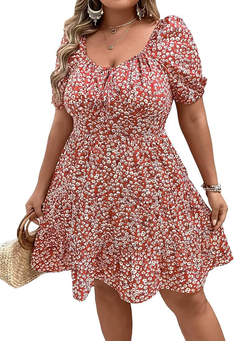 Floerns Women's Plus Size Sweetheart Neck Tie Front Puff Short Sleeve A Line Dress | Amazon (US)