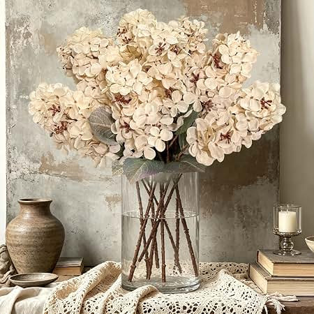 8Pcs Hydrangea Artificial Flowers Fall Flower Indoor for Vase, Tall White | Faux Hydrangeas with ... | Amazon (US)
