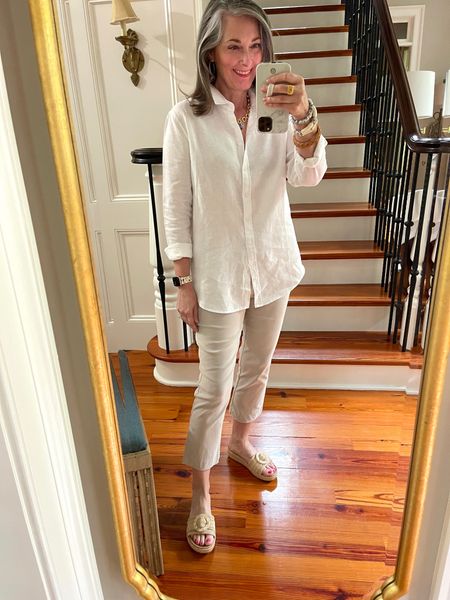 I am LOVING my new white linen shirt from #quince The quality and value are perfect. I have 3 pairs of the Bridgette cropped pants from #chicos They are so flattering and love that they pull on. Paired with blue and white chinoiserie jewelry and you have a fabulous #coastalgrandmother style! 

Sizing: I bought a medium in this top, but ordered a small in the linen shirt dress and small in a linen top. Pants are my typical .5 in Chico’s bottoms. 

#LTKSeasonal #LTKFind #LTKstyletip