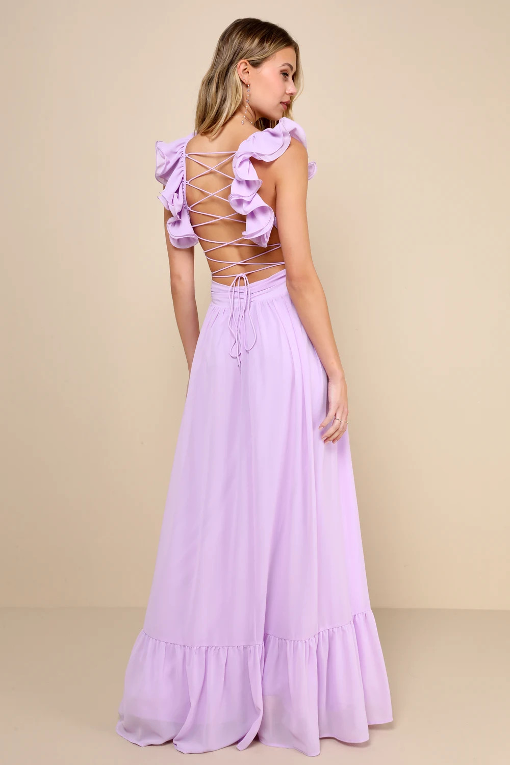 Soiree Celebration Lilac Ruffled Lace-Up Maxi Dress | Lulus