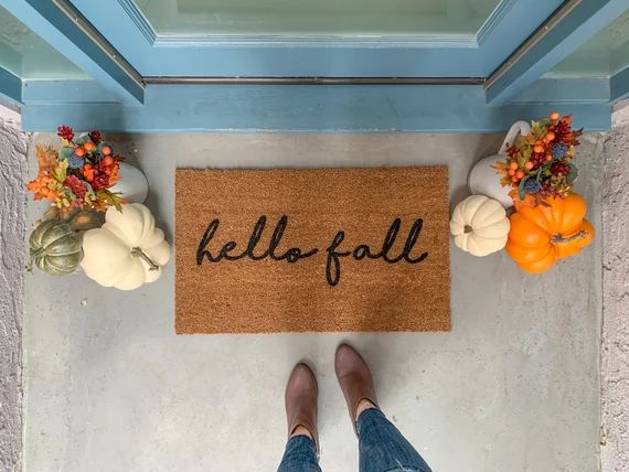 hello fall Doormat / hey pumpkin / Front Porch Decor / Thanksgiving Door Mat / Fall Decor / Hallo... | Etsy (US)