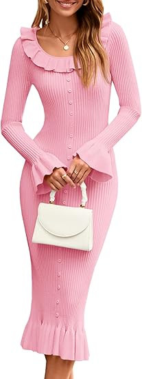 Wenrine Womens Bodycon Midi Sweater Dress Casual Ribbed Knit Bell Long Sleeve Ruffle Crewneck Dec... | Amazon (US)