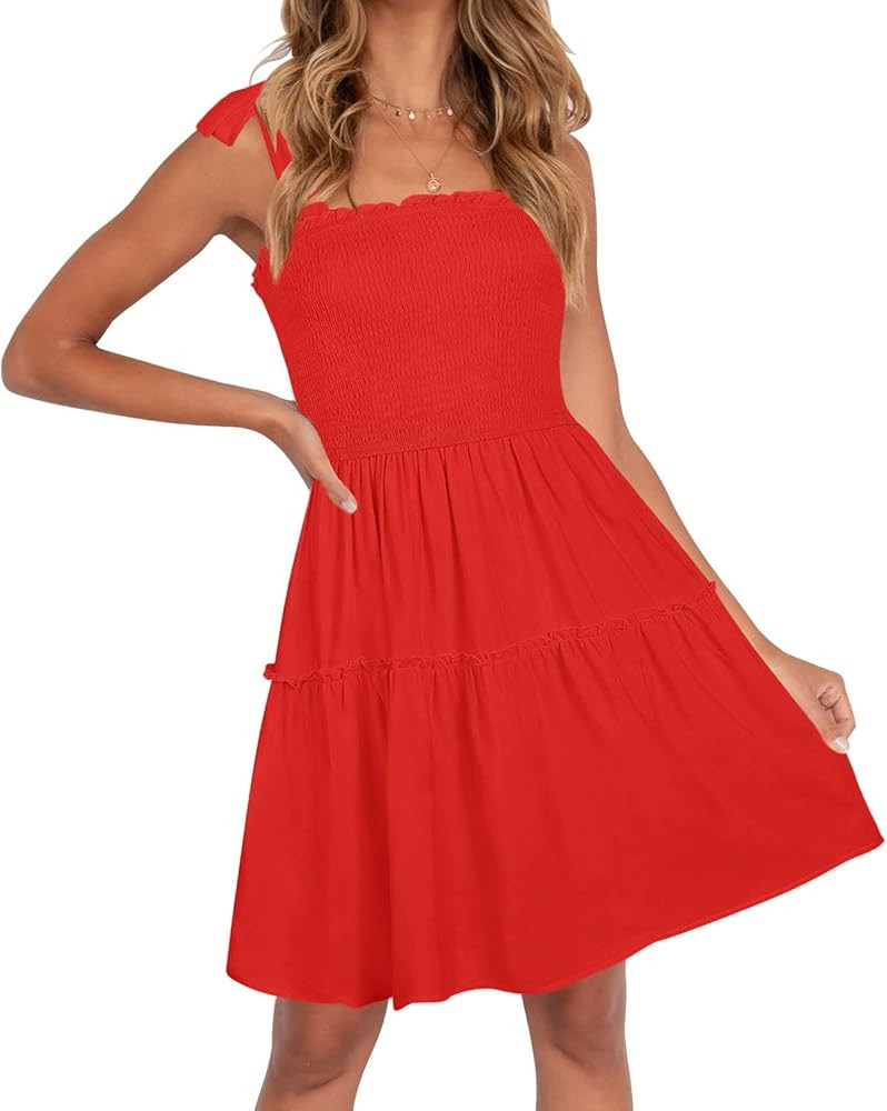 ZESICA Women's 2025 Summer Spaghetti Strap Sleeveless Square Neck Ruffle A Line Swing Mini Dress | Amazon (US)