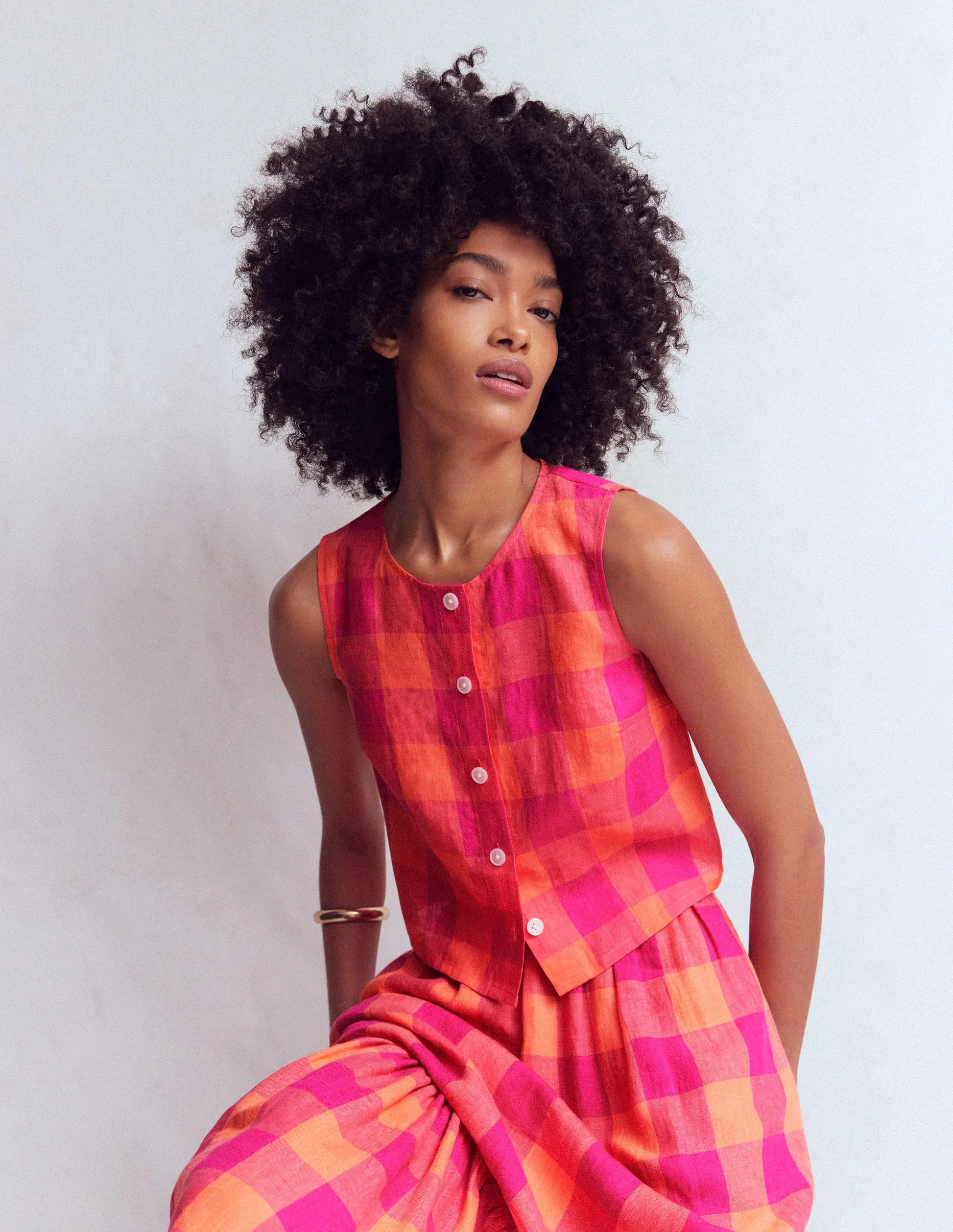 Andrea Linen Shell Top-Zesty Orange, Pink Gingham | Boden (US)