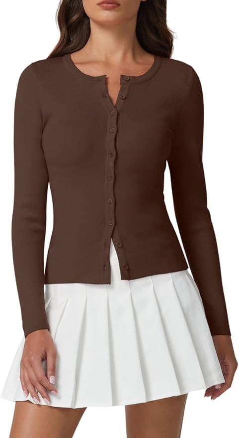 QINSEN Womens Long Sleeve Crewneck Cardigan Sweater Lightweight Button Down Knit Tops Outerwear | Amazon (US)